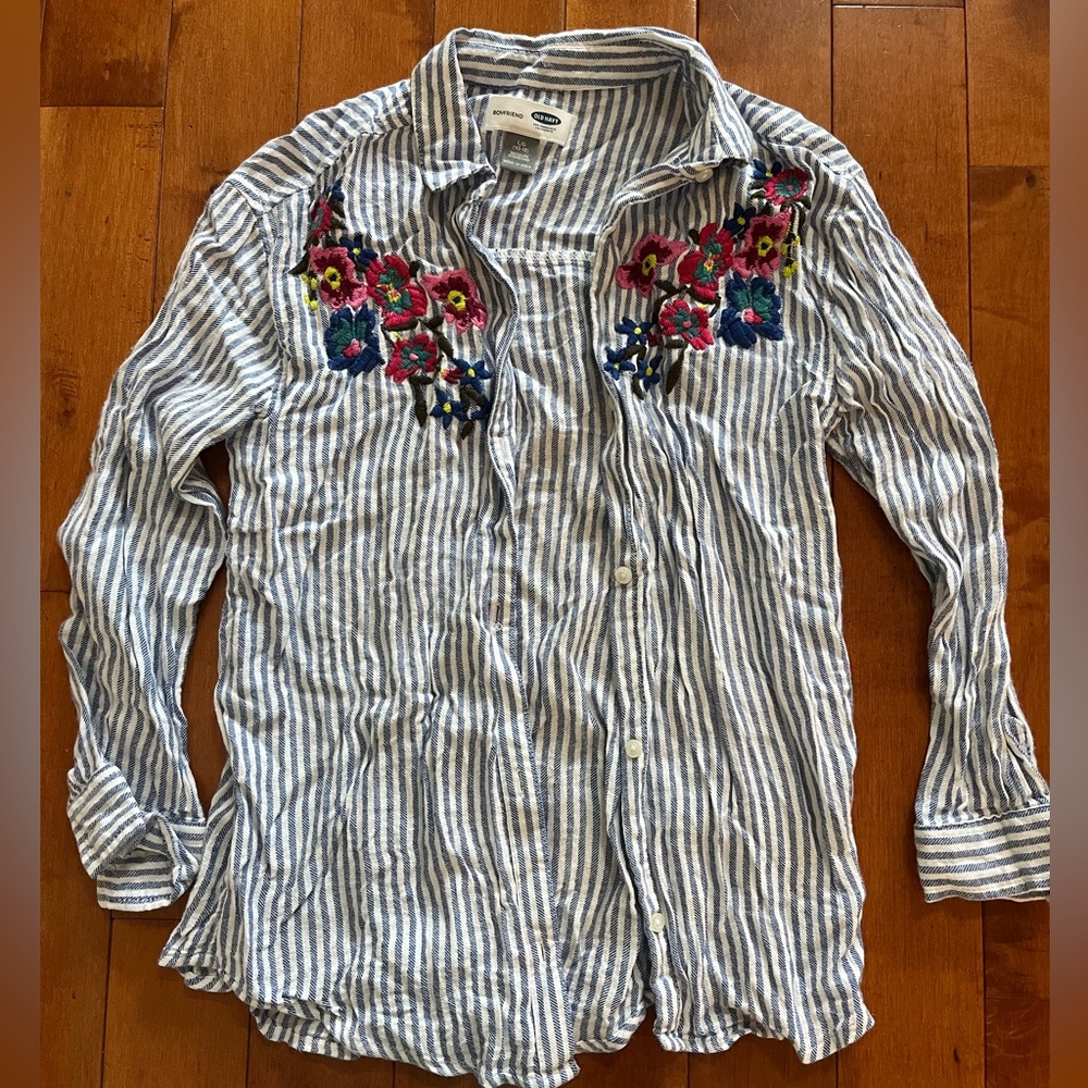 Old Navy Blue Striped Shirt with Floral Embroidery
